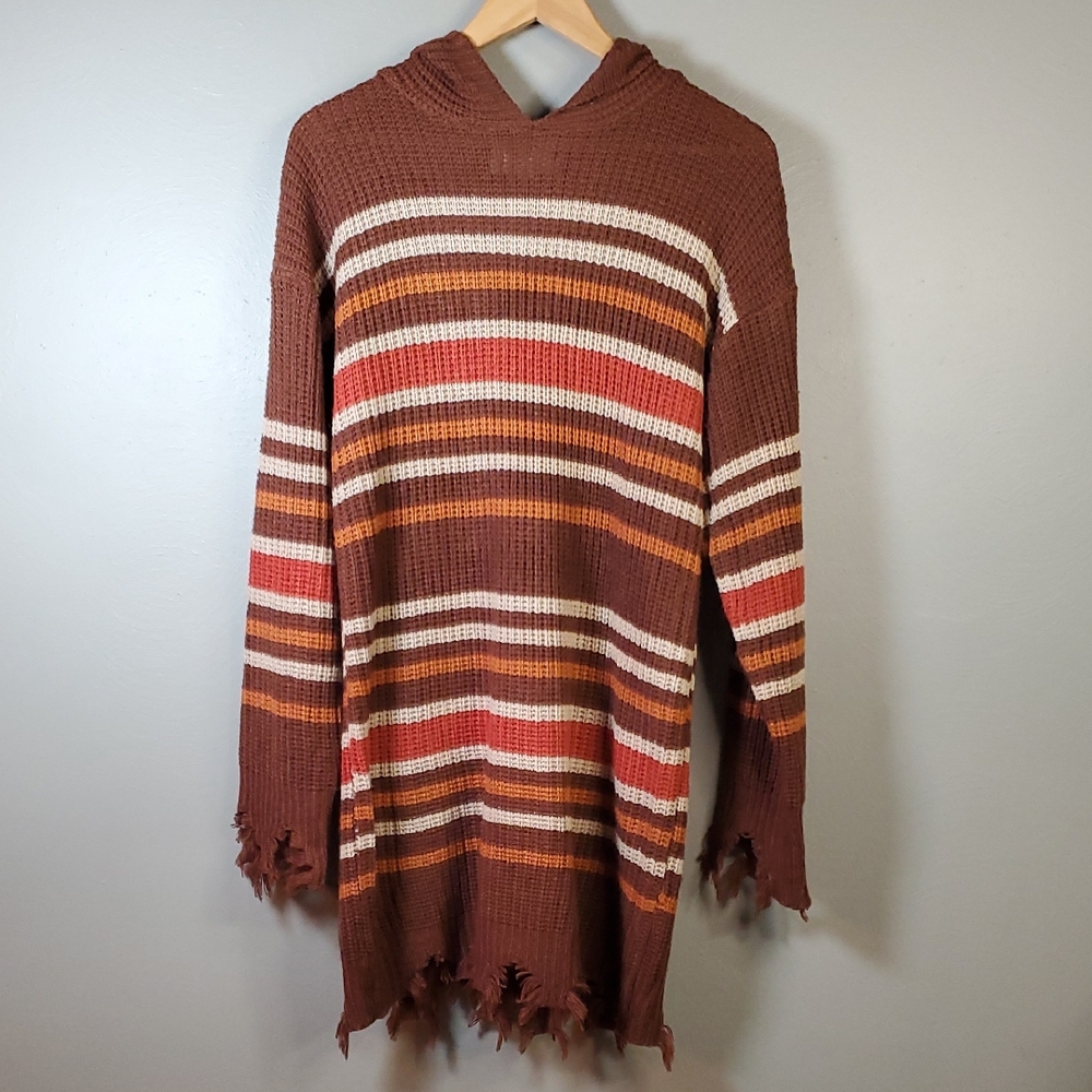 No Comment Striped Brown Hooded Sweater Dress With Fringes. Large